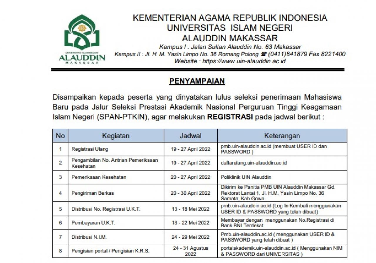 Gambar Berikut Jadwal dan Syarat Daftar Ulang Bagi Siswa Yang Lulus SPAN PTKIN di UIN Alauddin