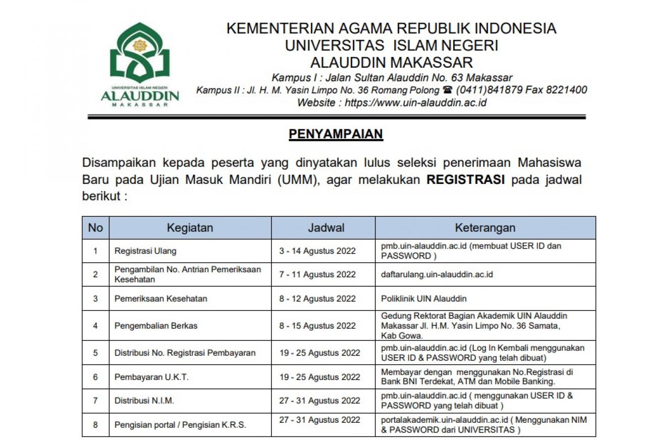 Gambar Camaba Lulus Jalur UMM UIN Alauddin Diimbau Segera Daftar Ulang, Berikut Jadwal dan Syaratnya