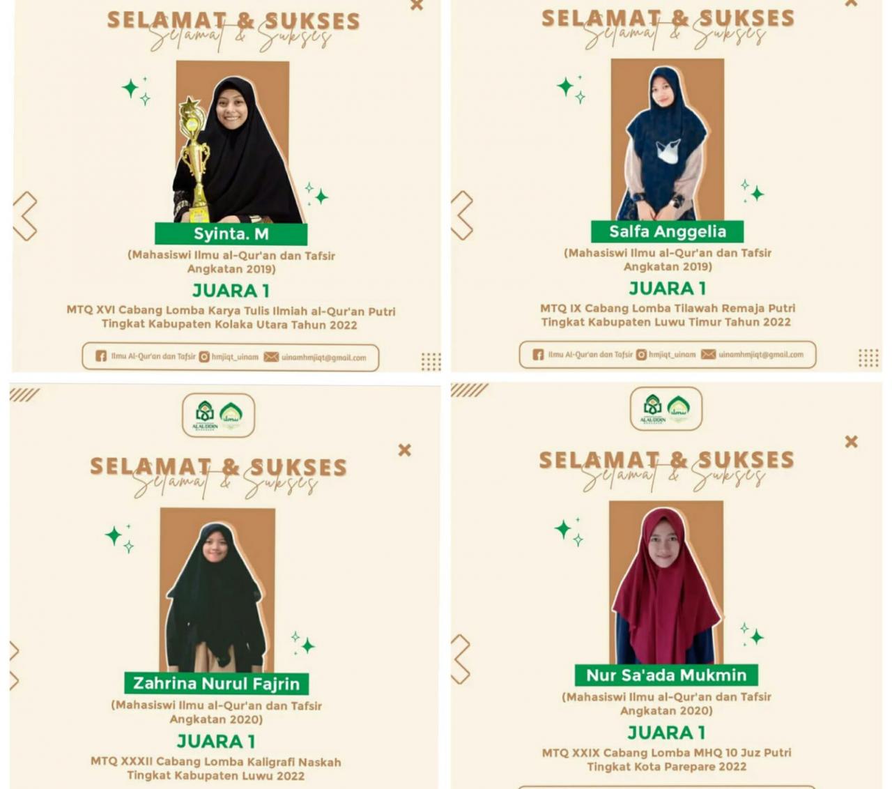 Gambar Empat Mahasiswa IQT UIN Alauddin Raih Juara I MTQ di Daerah Berbeda