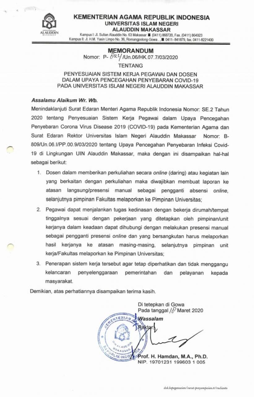Gambar Instruksi Rektor UIN Alauddin Cegah Corona: tentang Penyesuaian Sistem Kerja Pegawai dan Dosen