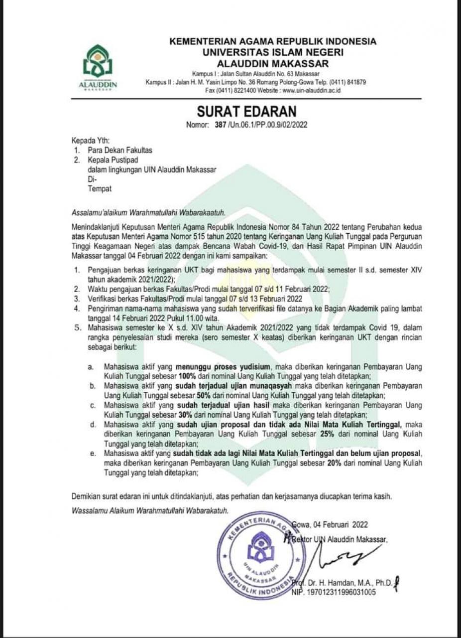 Gambar Lagi, UIN Alauddin Beri Keringanan UKT Mahasiswa Semester Genap