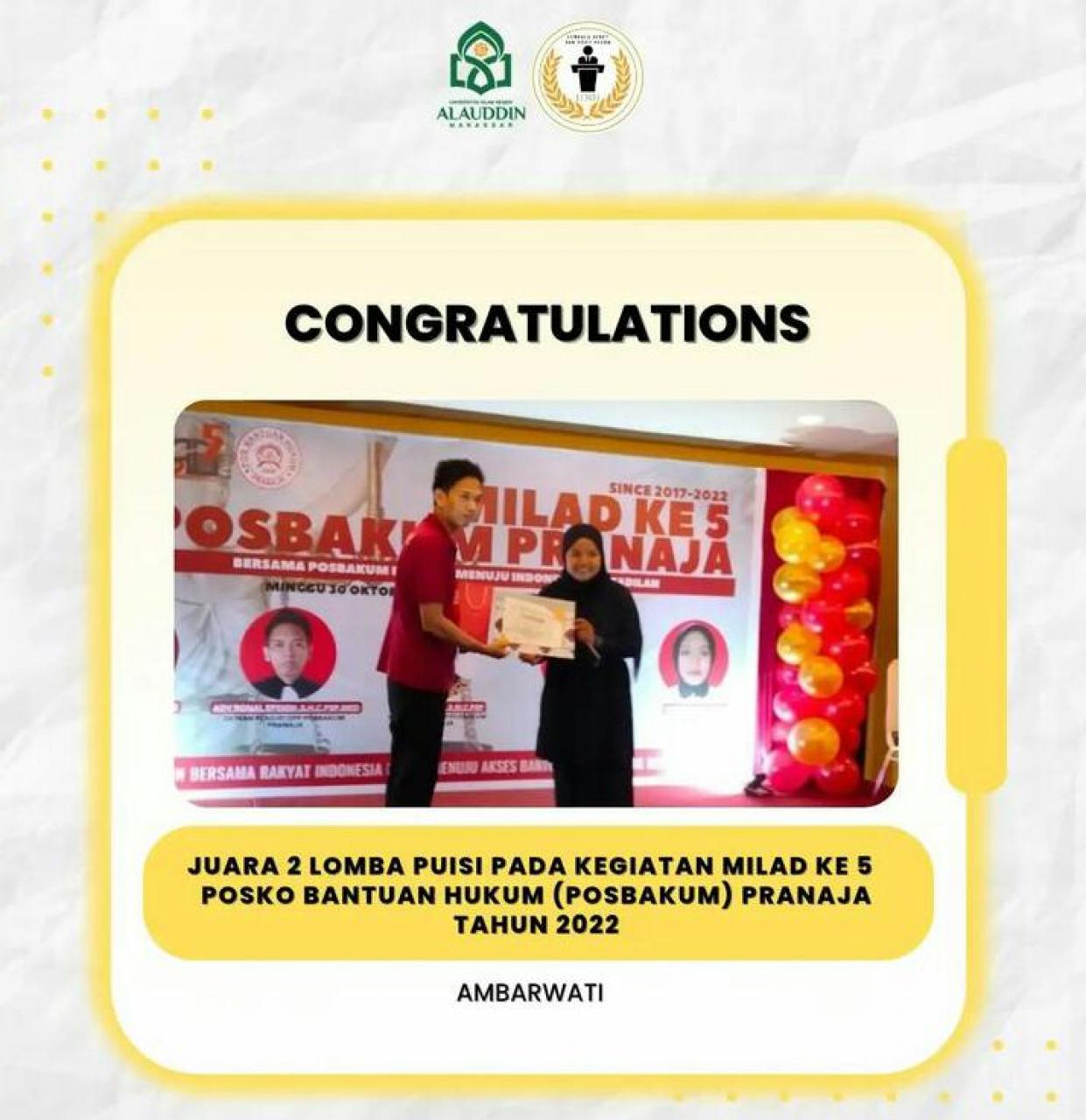 Gambar Mahasiswa UIN Alauddin Juara II Lomba Puisi di Posbakum Pranaja 2022