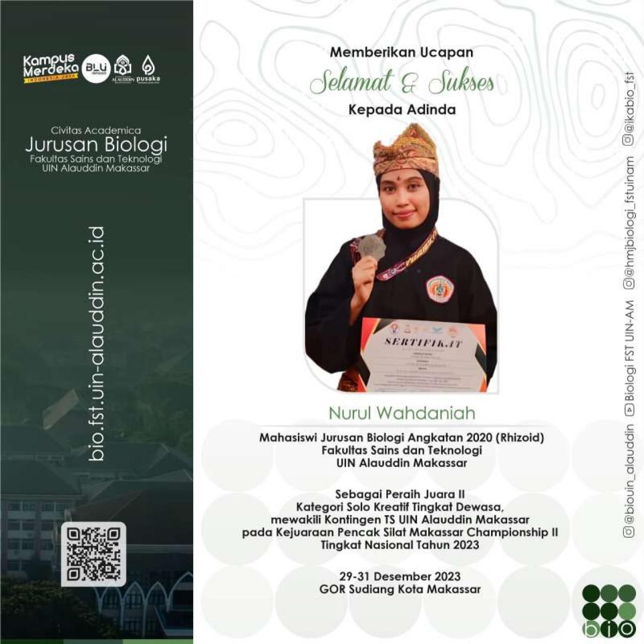 Gambar Nurul Wahdaniah, Mahasiswa Biologi FST UIN Alauddin Torehkan Prestasi Tingkat Nasional