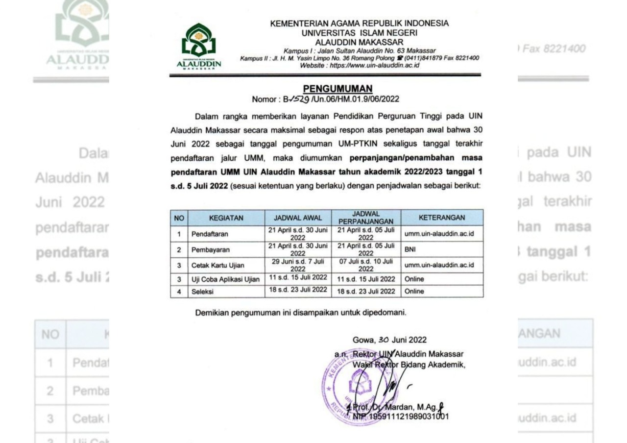 Gambar Pendaftaran Jalur UMM UIN Alauddin Resmi Diperpanjang Hingga 5 Juli Mendatang