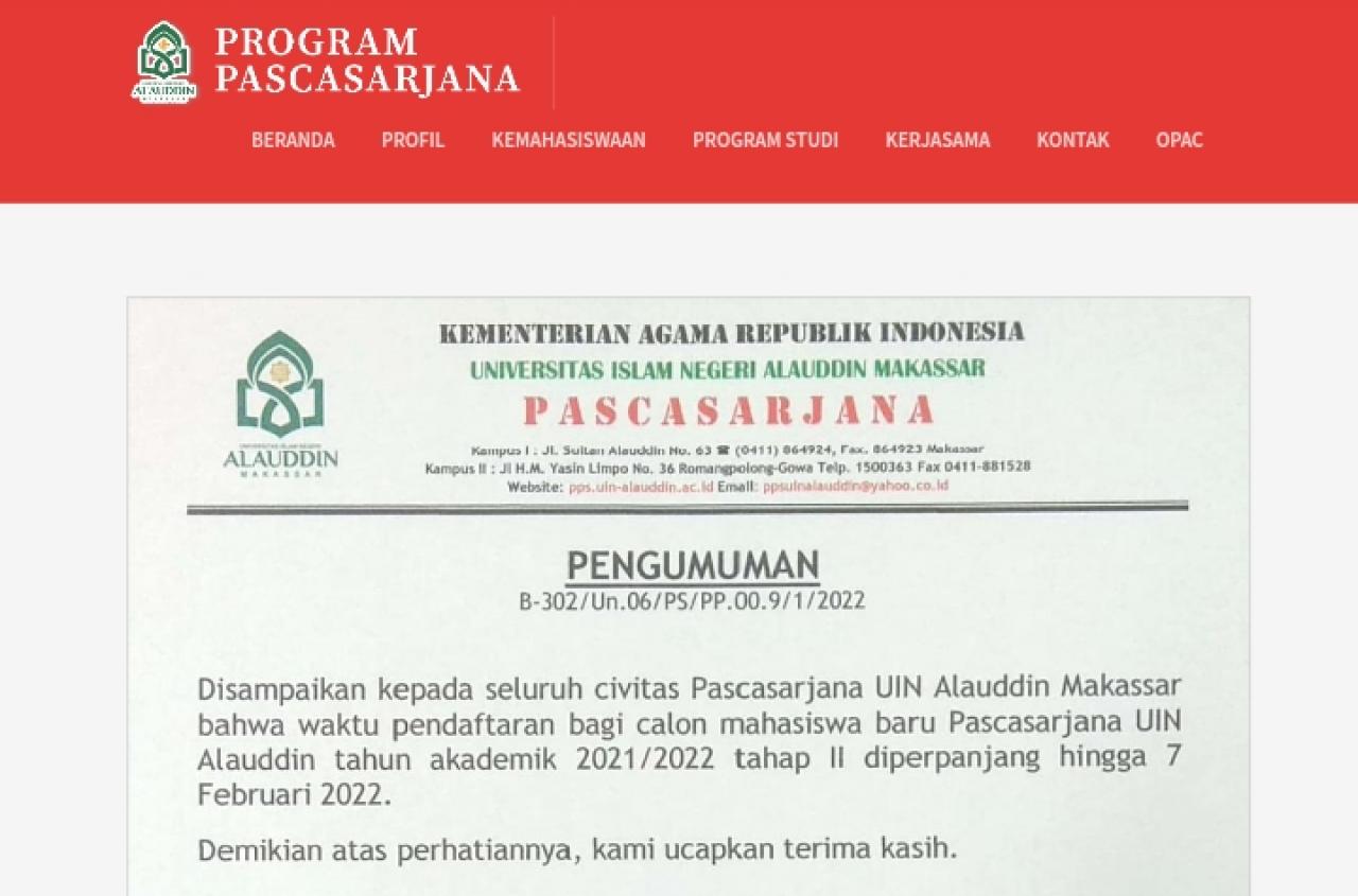 Gambar Pendaftaran Program Pascasarjana UIN Alauddin Diperpanjang hingga 7 Februari Mendatang