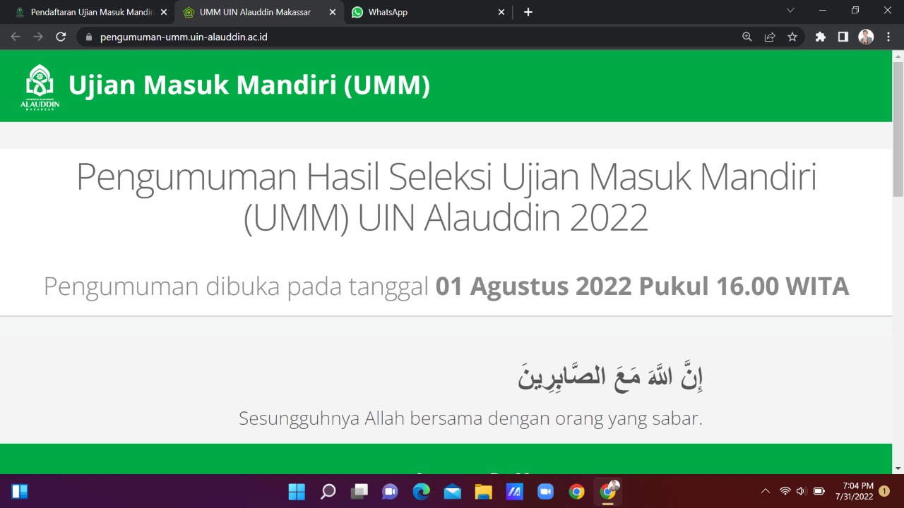 Gambar Pengumuman UMM UIN Alauddin Dilakukan Hari Ini Pukul 16.00 Wita, Ini Linknya