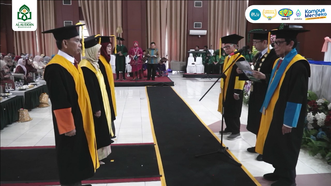 Gambar Rektor Kukuhkan Prof Hamzah, Halimah Basri, A. Miswar Sebagai Guru Besar UIN Alauddin Makassar