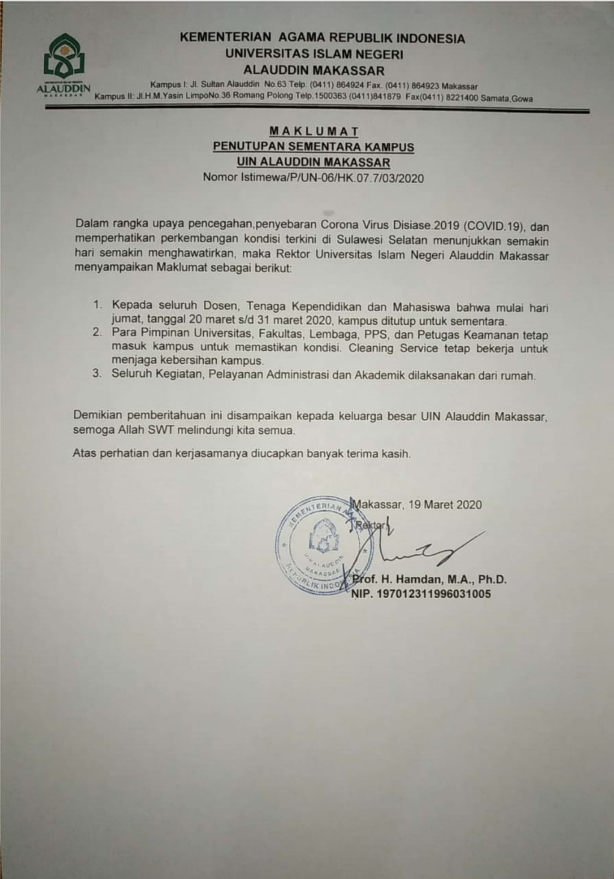 Gambar Rektor UIN Alauddin Keluarkan Maklumat, Kampus Ditutup Sementara