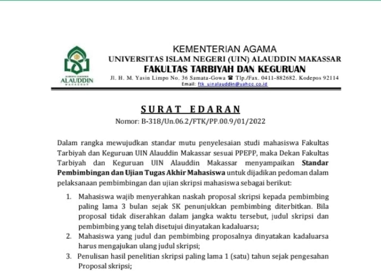 Gambar Simak! 17 Poin Surat Edaran Dekan FTK UIN Alauddin Soal Pembimbingan dan Ujian Skripsi